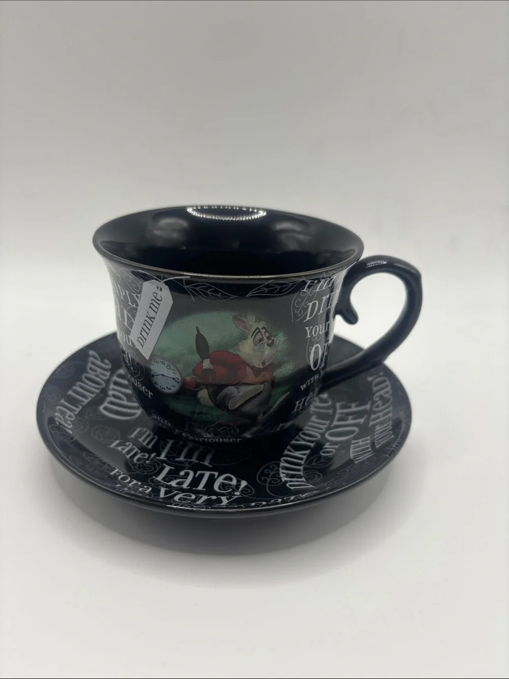 Disney Black Alice in Wonderland White Rabbit Teacup & Saucer